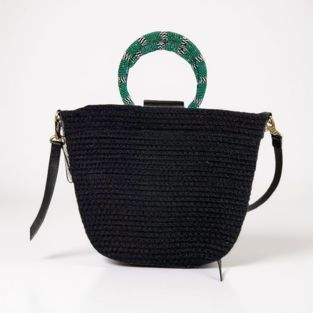 Elizabeth and James Bucket Bag Boho Black Woven Beaded Handle Crossbody OS